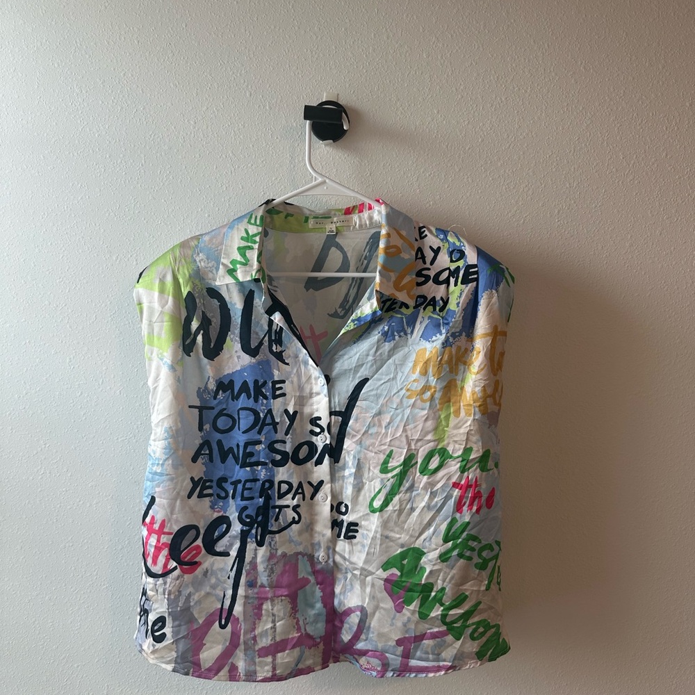 Her…BottariColorful Graphic Button-Up Shirt with Shoulder Pads